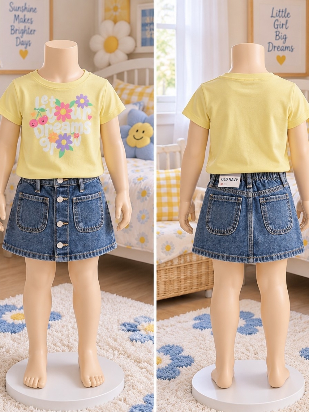 Old Navy Yellow Floral Graphic Tee with Button-Front Denim Skirt - Kids